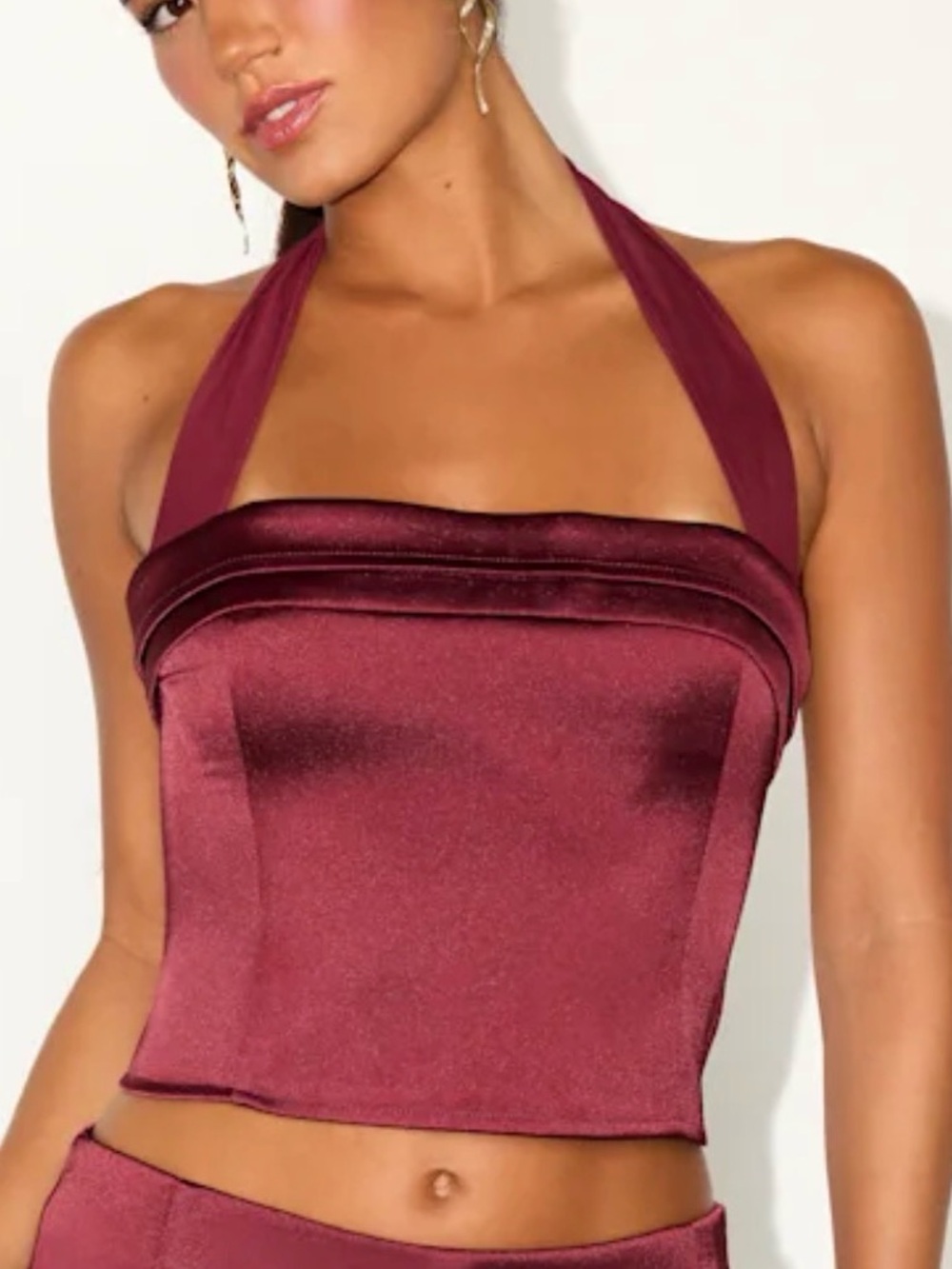 NWT Lulus Vissera Burgundy Satin Halter Crop Top